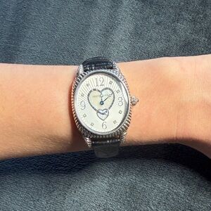 Judith Ripka Silver-Tone Watch with Ivory Heart Dial and Black Strap